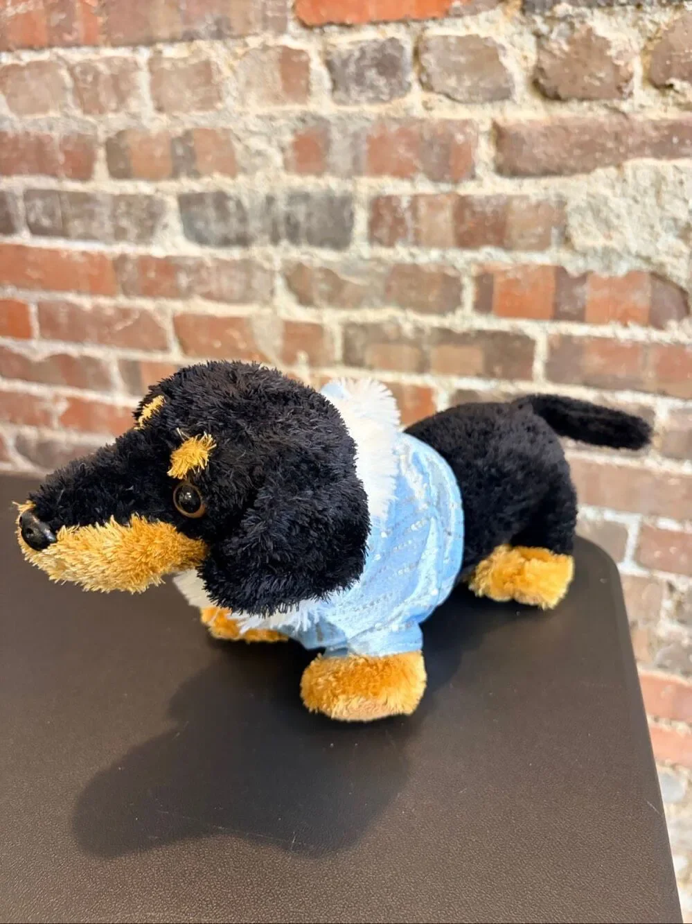 Dachshund Dog Black/Brown Blue Fur-Lined Hood 12” Plushie Aurora
